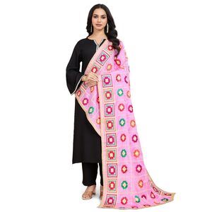 1698 Women's Chinnon Silk Aari Embroided Phulkari Dupatta, Chunni (light Pink,